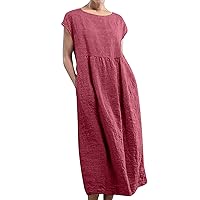 Womens Dresses Plus Size Special Occasion, Women's Solid Sleeveless O Neck Maxi Pockets Loose Baggy Kaftan Lon