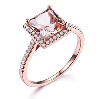 7mm Princess Cut Pink Morganite 14k Rose Gold Engagement Ring Diamond Halo Wedding Band Bridal Promise