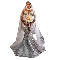 Dubai African Sequins Mermaid Women Ball Gown Wedding Dresses for Brides with Long Sleeves Train