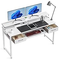 ODK Computer Desk Study Table, 55 Inch Office Desk with Drawers and Keyboard Tray, Study Desk Work Desk with Monitor Shelf, Writing Desk with Storage for Home Office, White