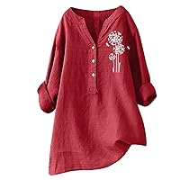 YZHM Tunic Tops for Women Dandelion Print Linen Shirts Plus Size Tops Loose Fall Blouses V Neck Hide Belly Tshirts