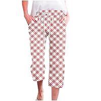 Women's Plaid Capri Trousers Summer Casual Drawstring Waist Work Pants 2024 Loose Fit Loungewear Straight Leg Pants