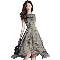 Womens Summer Sleeveless V-Neck Floral Printed A-line Maxi Long Chiffon Dress Casual Party Dresses