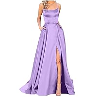 Womens Off Shoulder Prom Dresses Satin Long Formal Wedding Guest Party Gowns Back Strap Cocktail Dress with High Slit