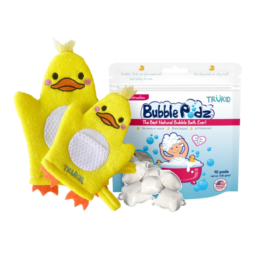 TruKid Bubble Podz & BubbleGlove Bundle - Includes 2-Set of Bath Wash Gloves for Parent & Child, Bubble Bath Pods Watermelon 10ct, Baby Bath Essentials, Gentle for Sensitive Skin of Kids, Toddlers
