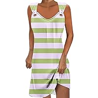 Womens Summer Dress Tank Top Casual Sleeveless Color Block White Black Rainbow Striped Knee Length Dresses