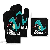 I Am Unstoppable T-rex Oven Mitts Gloves with Pot Holders Sets 3 Pack Heat Resistant Non Slip Kitchen Potholder Gloves