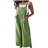 Women's Sleeveless Cotton Linen Overalls Rompers Loose Baggy Wide Leg Jumpsuits Adjustable Straps Bib with Pockets