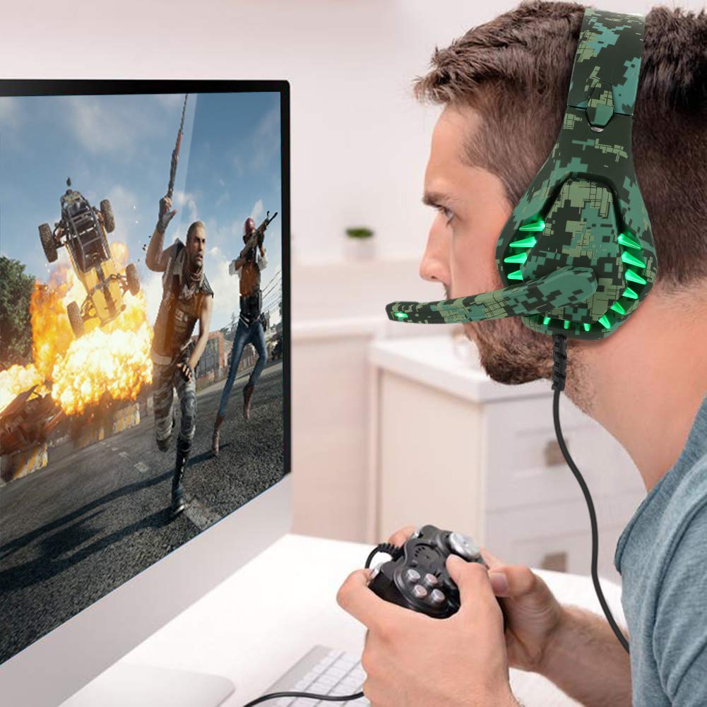 Butfulake Gaming Headset for Nintendo Switch, PS4, Xbox One, PS5 Controller, Laptop, Mac, Noise Cancelling PC Headset with Mic,7.1 Stereo Surround Sound, Cool LED Light,Comfort Earmuff, Camo Green