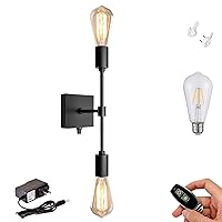 Industrial Wall Sconce Rechargeable Battery Operated LED Picture Lights with Remote, Cordless E26 LED Black Two-Heads Wall lamp Dimmable for Hallway No Drilling Aisle Stairs 1 Light