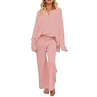 MEROKEETY Women's 2 Piece Outfit Sets Long Sleeve Button Knit Pullover Sweater and Pants Lounge Sets