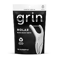 GRIN Molar Flosspyx, Floss Picks, 75 Count, Dental Flossers, Minty Flavor, Recycled Plastic, Great for Reaching Back Teeth, Slide Easily Between Teeth, Includes Safe Soft Fold-Back Tooth Pick