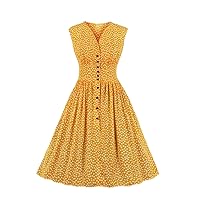 Women's V Neck Vintage Dress Floral Print Pleated Dress Sleeveless Buttons Party Dresses