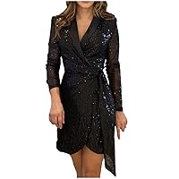 Lapel Sequin Wrap Dress for Women Long Sleeve Lace-Up Sexy Mini Dresses 2024 Sparkly Glitter Belted Sheath Dress