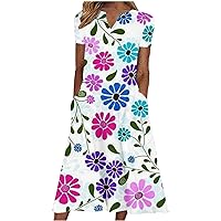 Plus Size Summer Dresses for Women V Neck Short Sleeve Floral Print T Shirt Dress Loose Flowy Pocket Casual Dress