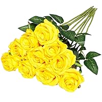 Nubry Artificial Silk Rose Flower Bouquet Lifelike Fake Rose for Wedding Home Party Decoration Event Gift 10pcs (Yellow)