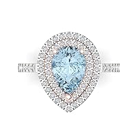 Clara Pucci 2.63ct Pear Cut Double Halo Solitaire with Accent Natural Light Sea Blue Aquamarine designer Modern Ring 14k 2 tone Gold