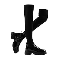 Shoe'N Tale Thigh High Boots Round Toe Mid Chunky Heel Stretch Over the Knee Boots for Women