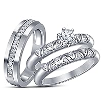 Wedding Rings Set for Him and Her 3-Piece Promise Rings for Couples Matching 14K White Gold Plated