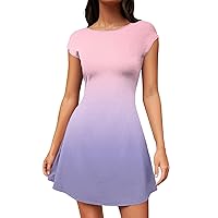 Summer Mini Dresses for Women 2024 Crewneck Cap Sleeve Going Out a Line Dress Flare Short Sleeve Stretchy Mini Basic Dresses Sales Today Clearance(3-Light Purple,Medium)