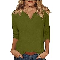 Women's 3/4 Sleeve Tops,Three Quarter Sleeve Tops Woman V Neck Solid Color Tunic Tshirts 2024 Fashion Loose Fit Tee Blouse Womens Tops Dressy Casual