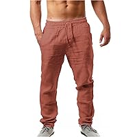 Mens Linen Pants Casual Summer Beach Pants with Pockets Lightweight Elastic Waist Drawstring Pants Straight Leg Yoga Trousers