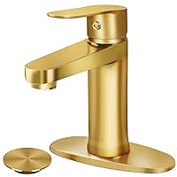 Brass Bathroom Faucet Brushed Gold Bathroom Sink Faucet Gold with Pop-up Sink Drain Stopper & Deck Plate 1 or 3 Hole Bathroom Faucet Single Handle Bathroom Faucet Single Hole RV Bathroom Faucet