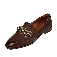 Womens Oxford Shoes Chain Loafers Leather Low Heel Round Toe Anti-Slip Loafers Ladies Comfort and Leisure