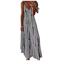 FQZWONG Casual Long Dresses for Women,Sexy Tie-dye Spaghetti Strap V Neck Maxi Dress Summer Beach Vacation Loose Sundress