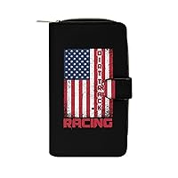 Dirttrack Racing American Flag Womens Leather Wallets Slim Card Holder Purse RFID Blocking Bifold Clutch Handbag Zippered Pocket