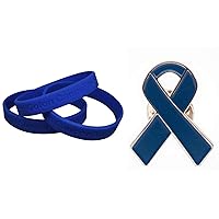 1 Blue I Support Colon Cancer Awareness Bracelet & 1Blue Enamel Ribbon Pin With Metal Clasp Pin & Bracelet - Show Your Support For Colon Cancer Awareness