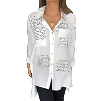 Letter Print Fashion Lapel Shirt,Women Sexy V Neck Shirts, Button Up Casual Loose Blouse Tops