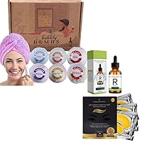 Ultimate Self Care Bundle 24K Gold Under Eye Patches, Vitamin C Serum, Bath Bombs Set, Combat Puffy Eyes, Dark Circles, Stress,16 Pairs, Set of 6