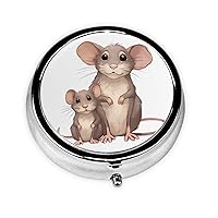 Mother and Child Rats Printed Round Pill Box,Mini Pill Case,Round Metal Pill Case,3 Compartments to Hold Vitamin,Medicine,Fish Oil