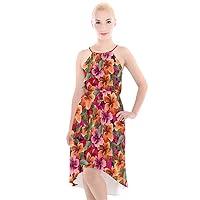 CowCow Womens V-Neck Pocket Summer Dress Hawaii Hibiscus Tropical Flowers Floral Party High Low Halter Chiffon Dress