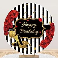 Laeacco 7.2x7.2ft Happy Birthday Round Backdrop for Women Glitter Gold High Heels Champagne Circle Backdrop Red Rose Flowers Black White Stripes Photo Background for Girls Birthday Party Booth Props