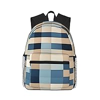Lightweight Laptop Backpack,Casual Daypack Travel Backpack Bookbag Work Bag for Men and Women-Blue Beige square pattern