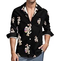 Easter Bunny Holding A Big Egg Men's Long Sleeve Shirt Button Down Casual Shirts for Beach Office Travel