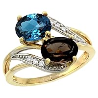 14K Yellow Gold Diamond Natural London Blue & Smoky Topaz 2-stone Ring Oval 8x6mm, sizes 5 - 10