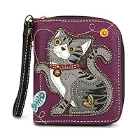 CHALA Zip Around Wallet, Wristlet, 8 Credit Card Slots, Sturdy Pu Leather - Gray Tabby Cat - Purple