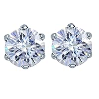 14K White Gold Plated Push Back Round Brilliant Cut 6-Prong set Simulated Diamond White CZ Solitaire Stud Earrings For Women