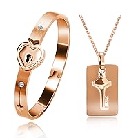 Uloveido Rose Gold Plated Titanium Matching Puzzle Couple Heart Lock Bracelet and Key Pendant Necklace for Men and Women