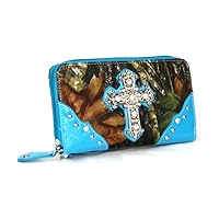 DH JP Camo Bling Rhinestone Cross Spiritual Womens Western Zipper Wristlet Wallet (Blue)