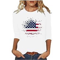4Th of July Shirts Women 3/4 Sleeve Round Neck Cute Patriotic Shirts Casual Stars Stripes Print Three Quarter Length T Shirt