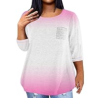 Plus Size Shirts for Women Plus Size Tops for Women 2024 Color Block Fashion Casual Loose Fit Y2k with 3/4 Sleeve Round Neck Shirts Pink 4X-Large
