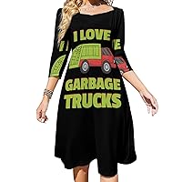 I Love Garbage Trucks Midi Dresses for Women Tie Flared A-Line Swing 3/4 Sleeves Cute Sundress