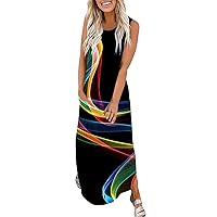 Maxi Dress for Women Summer Casual Loose Sleeveless Tank Dress Split Gradient Long Beach Sundresses with Pocket