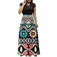 Short Sleeve Dress Womens Dressy Ethnic Printed Trendy Large Size Maxi Ladies Round Neck Floral Printting Trendy Dresses