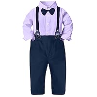 SANGTREE Toddler Baby Boy Dress Clothes Long Sleeve Bowtie Shirts Suspenders Pants Gentleman Outfit Suits Kid, Lavender, Tag 80 = 12-18 Months