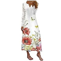 Maxi Dresses for Women Summer Elegant Floral Lace Long Sleeve Button Down Smocked Plus Size Casual Flowy Boho Dress